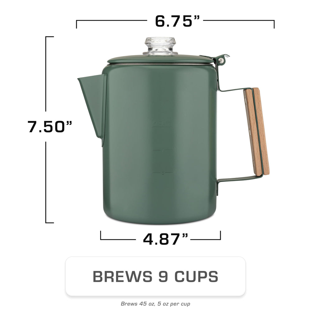 COLETTI Bozeman Green percolator side handle designed for outdoor pouring