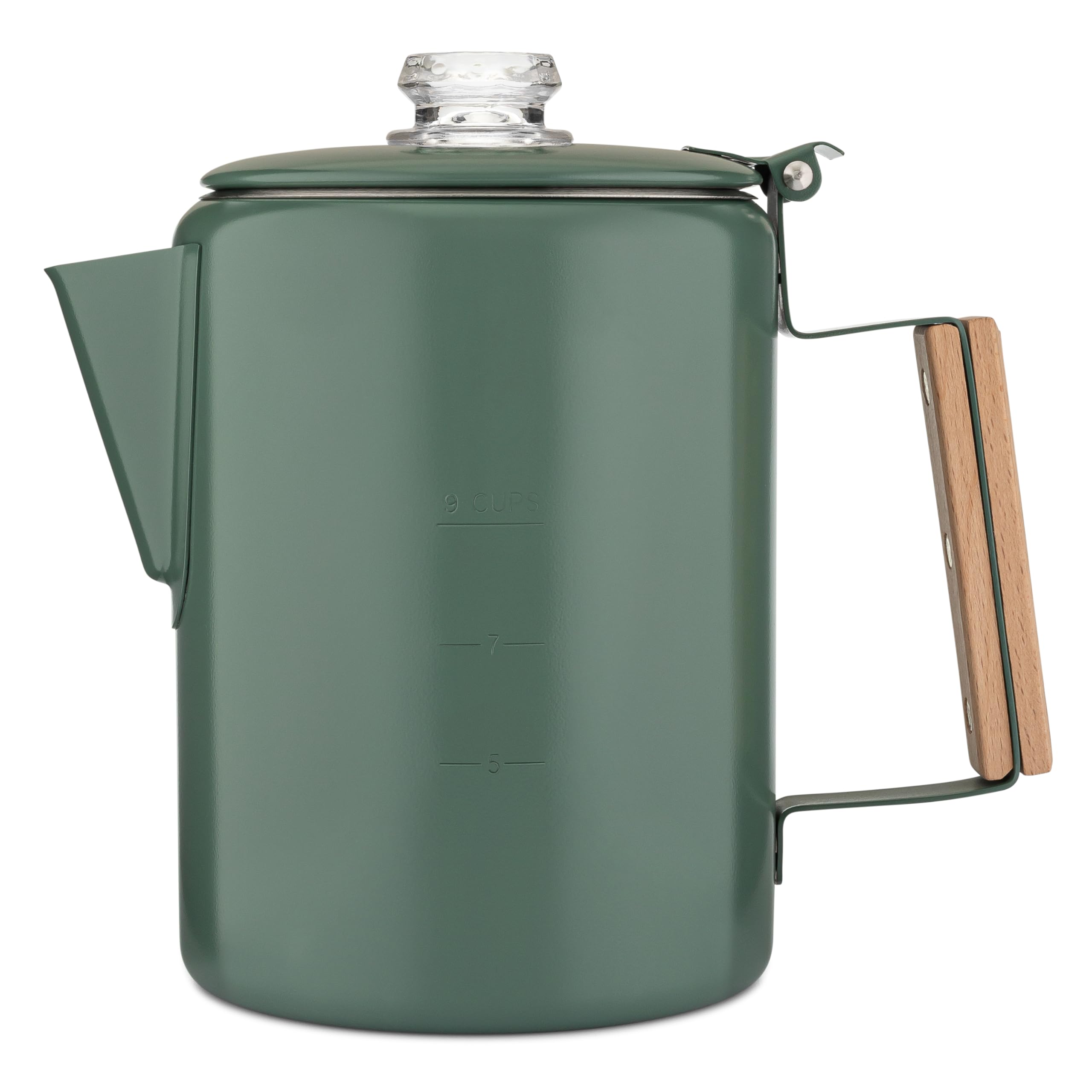 COLETTI Bozeman Green percolator top view with glass lid for monitoring brew progress