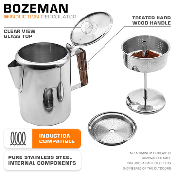 COLETTI Bozeman induction coffee maker on fire setup demonstrates rugged camp brewing.