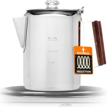 COLETTI Bozeman induction coffee maker front view showcases sturdy construction for outdoor use.