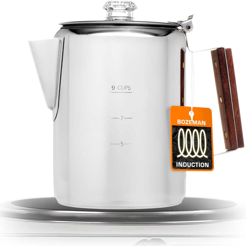 COLETTI Bozeman induction coffee maker front view showcases sturdy construction for outdoor use.
