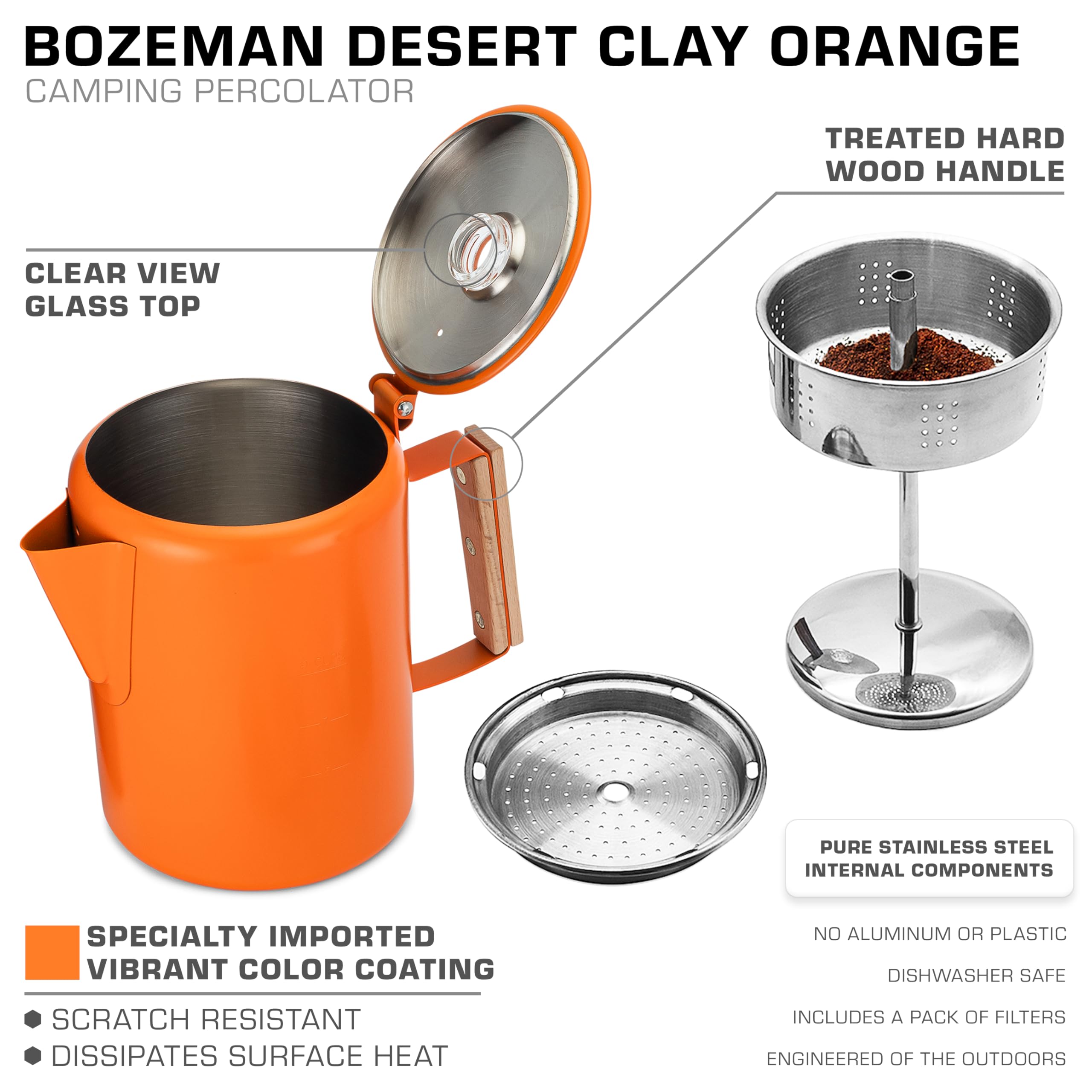 COLETTI Bozeman orange percolator brew pour captures glass top action.