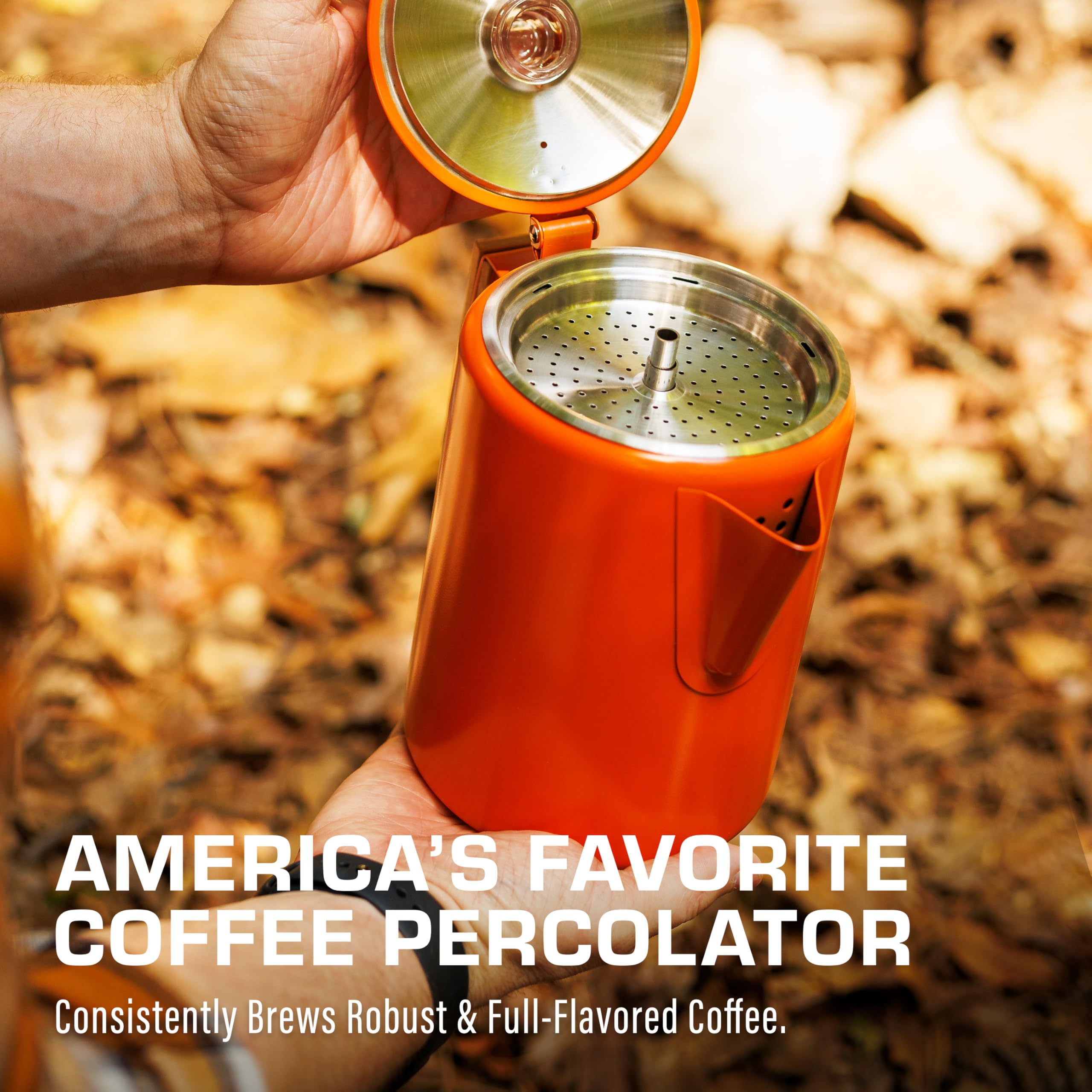 COLETTI Bozeman orange percolator overview demonstrates compact camping-ready design.