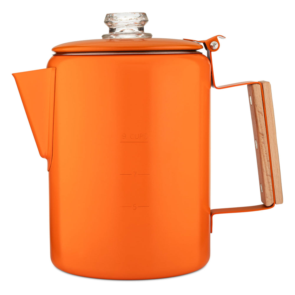 COLETTI Bozeman orange percolator top view highlights durable stainless steel for bold camp coffee.