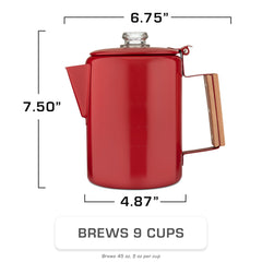 COLETTI Bozeman red percolator on stove for bold camp coffee