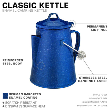 COLETTI Classic Camping Kettle blue enamel spout pour enables quick campfire boils.