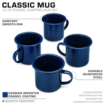 COLETTI Classic Camping Mugs blue dishwasher-safe icon emphasizes easy cleaning after meals.