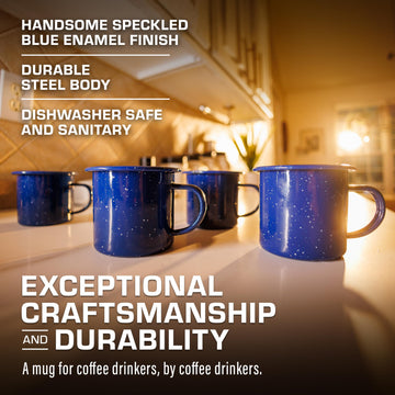 COLETTI Classic Camping Mugs blue outdoor coffee setup for picnics and camp mornings.