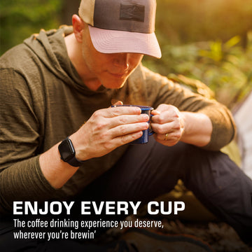 COLETTI Classic Camping Mugs blue sharing moment with friends suggests nostalgia and warm beverage ritual.