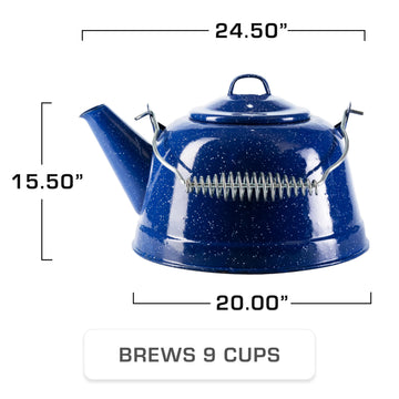 COLETTI Classic Camping Tea Kettle blue enamel close-up showing durable construction