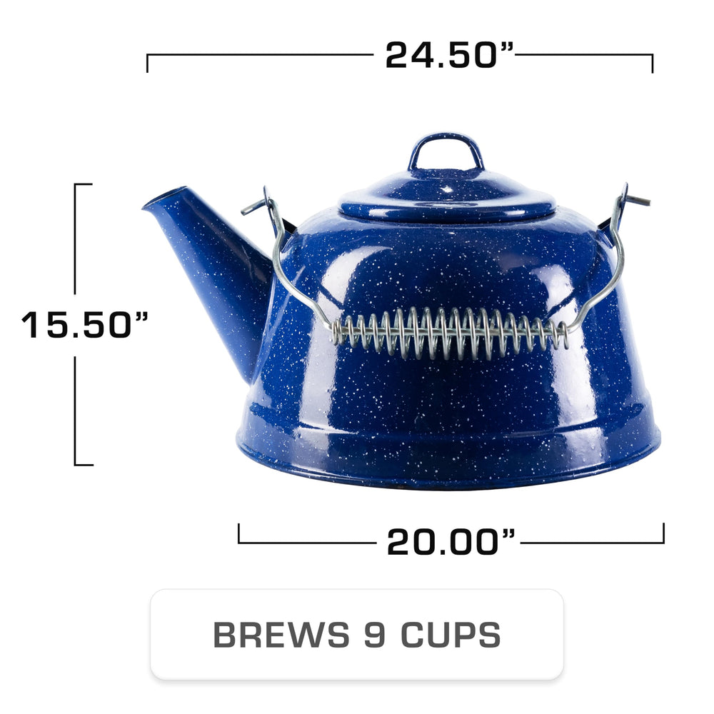 COLETTI Classic Camping Tea Kettle blue enamel close-up showing durable construction