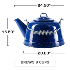 COLETTI Classic Camping Tea Kettle blue enamel close-up showing durable construction