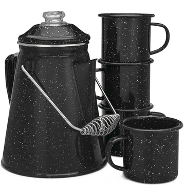 COLETTI Classic Enamel Set coffee pot front view highlights rugged steel build for camping