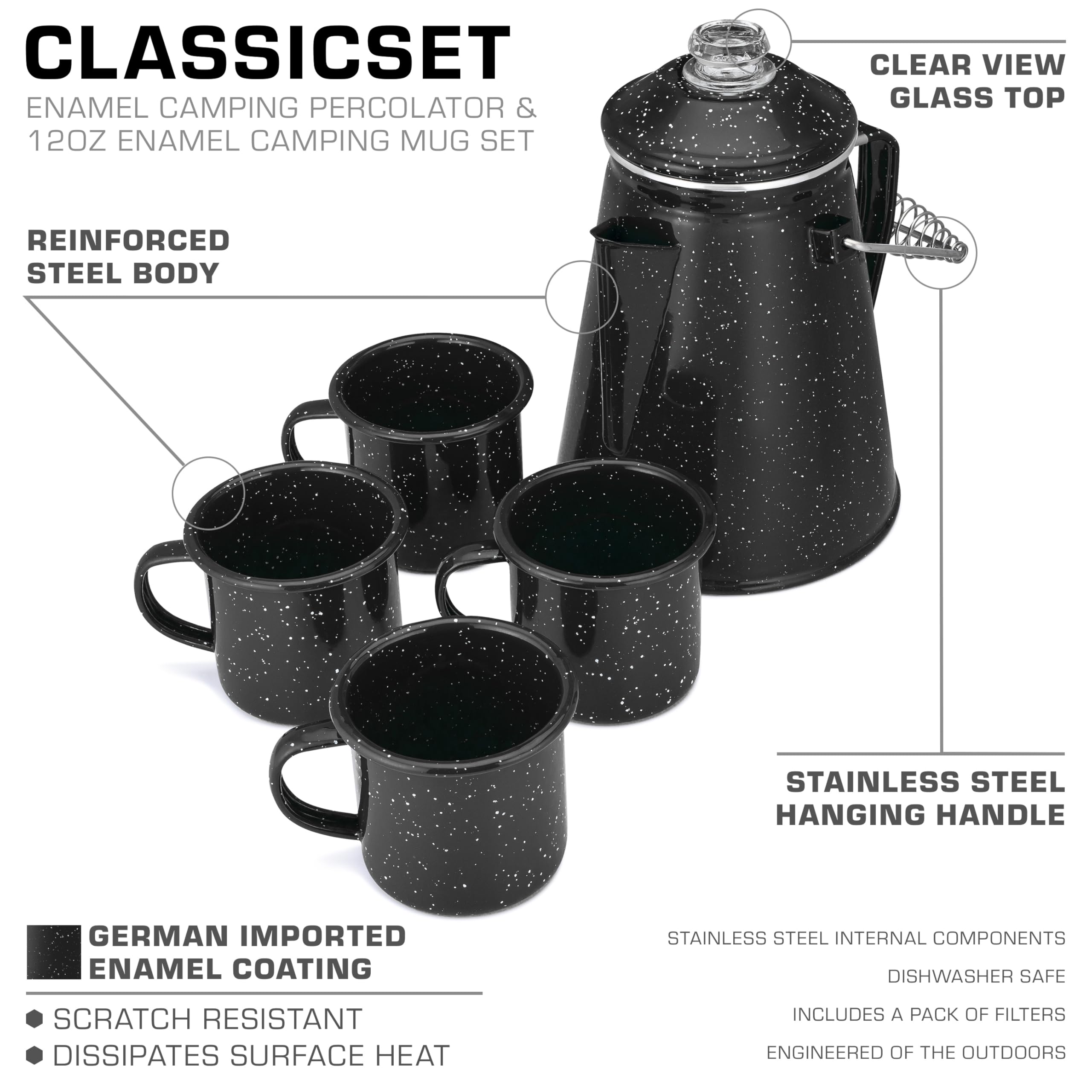 COLETTI Classic Enamel Set over-fire hanging handle ready for campfire brewing