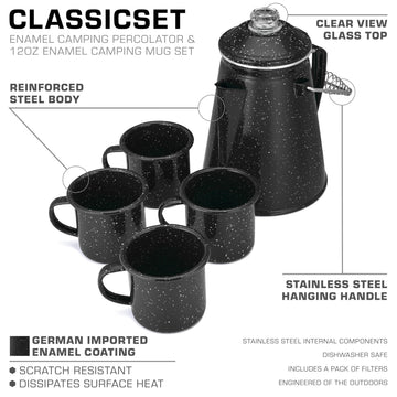 COLETTI Classic Enamel Set over-fire hanging handle ready for campfire brewing