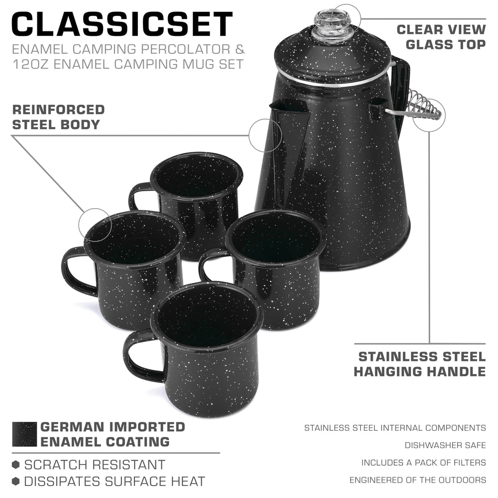 COLETTI Classic Enamel Set over-fire hanging handle ready for campfire brewing