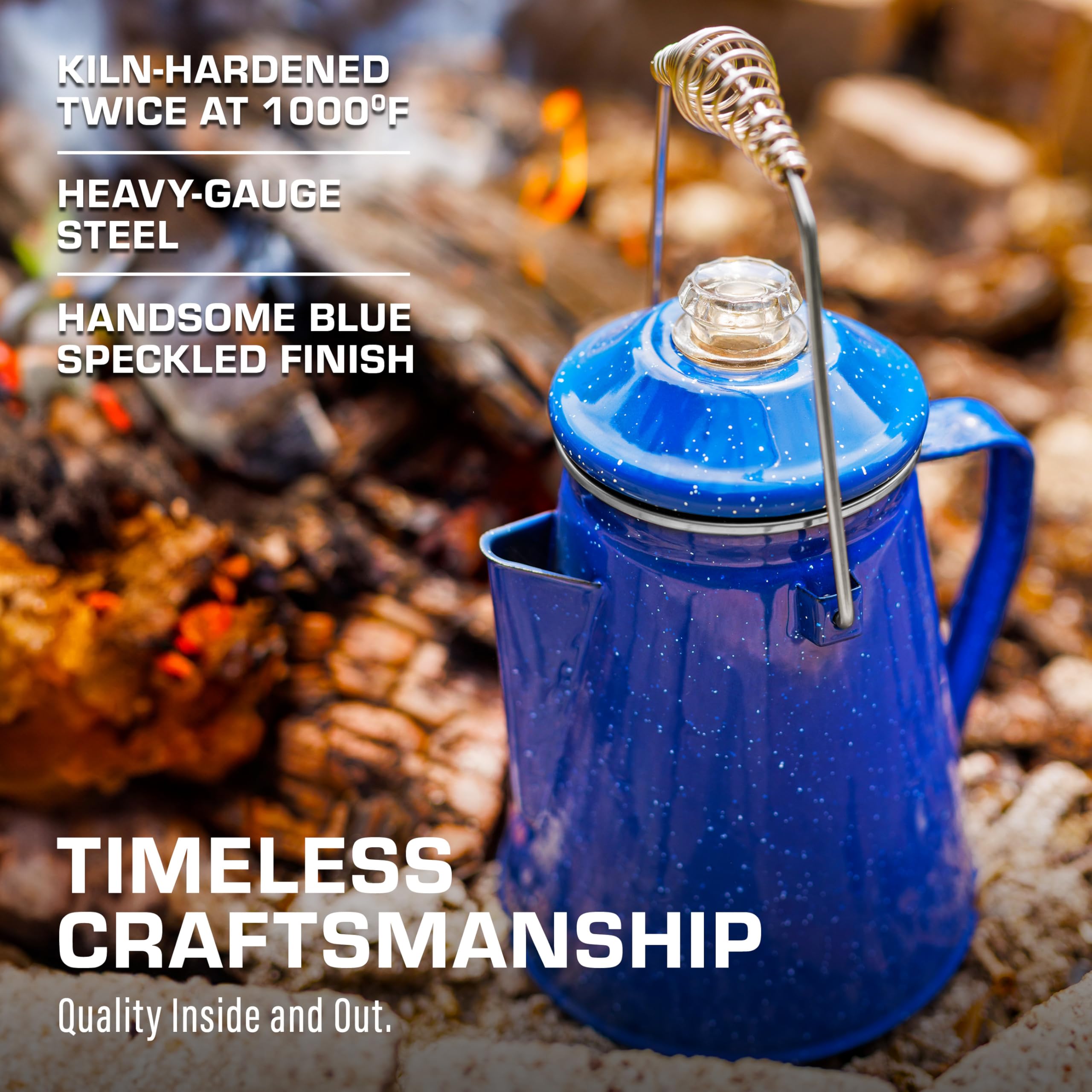 Product on camp table ready for campfire brew with COLETTI Classic