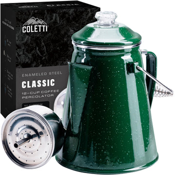 COLETTI Classic percolator in green enamel exterior prepares bold campfire coffee