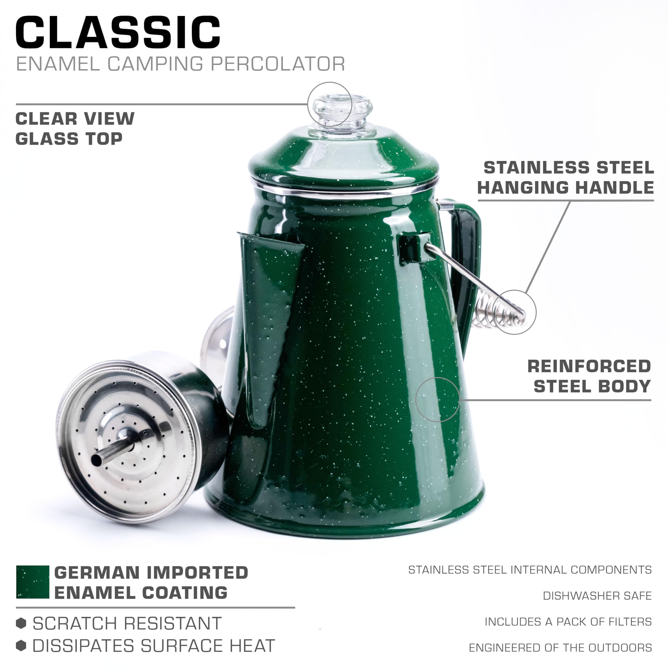 COLETTI Classic green enamel 12-cup with hanging handle for over-fire use