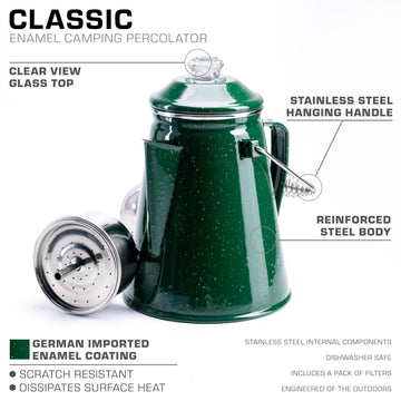 COLETTI Classic green enamel 12-cup with hanging handle for over-fire use