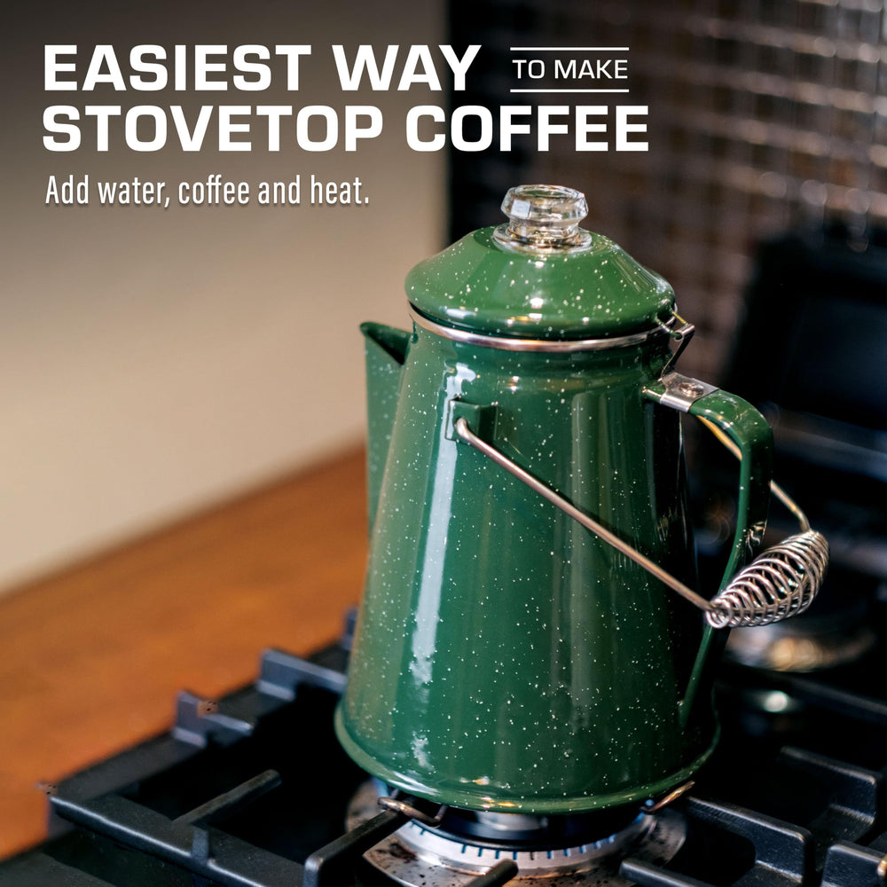 COLETTI Classic green enamel 12-cup resilience appeals to outdoor cooking gear lovers
