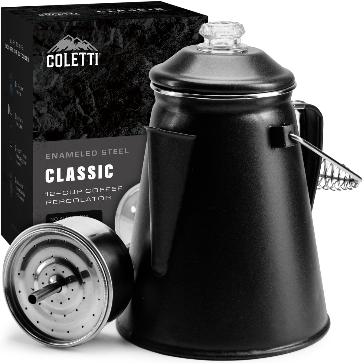 COLETTI Classic percolator top view highlights camping brew potential