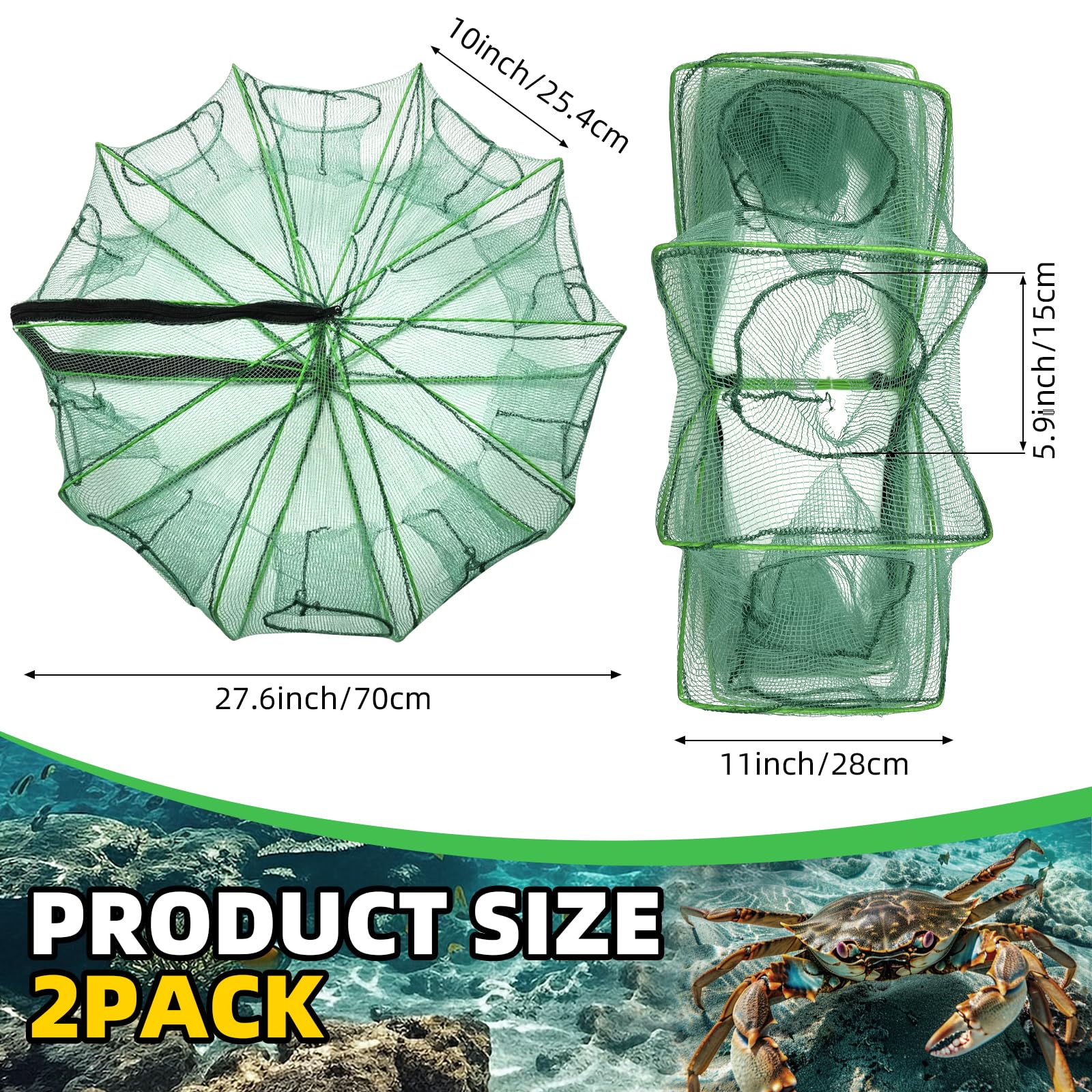 Open collapsible crab traps showing entrance and net