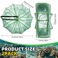 Open collapsible crab traps showing entrance and net
