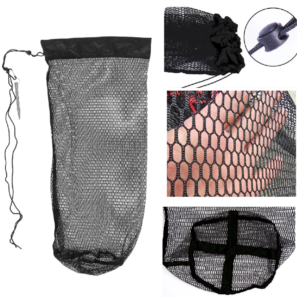 Nylon fishing net with drawstring mouth and lure holder