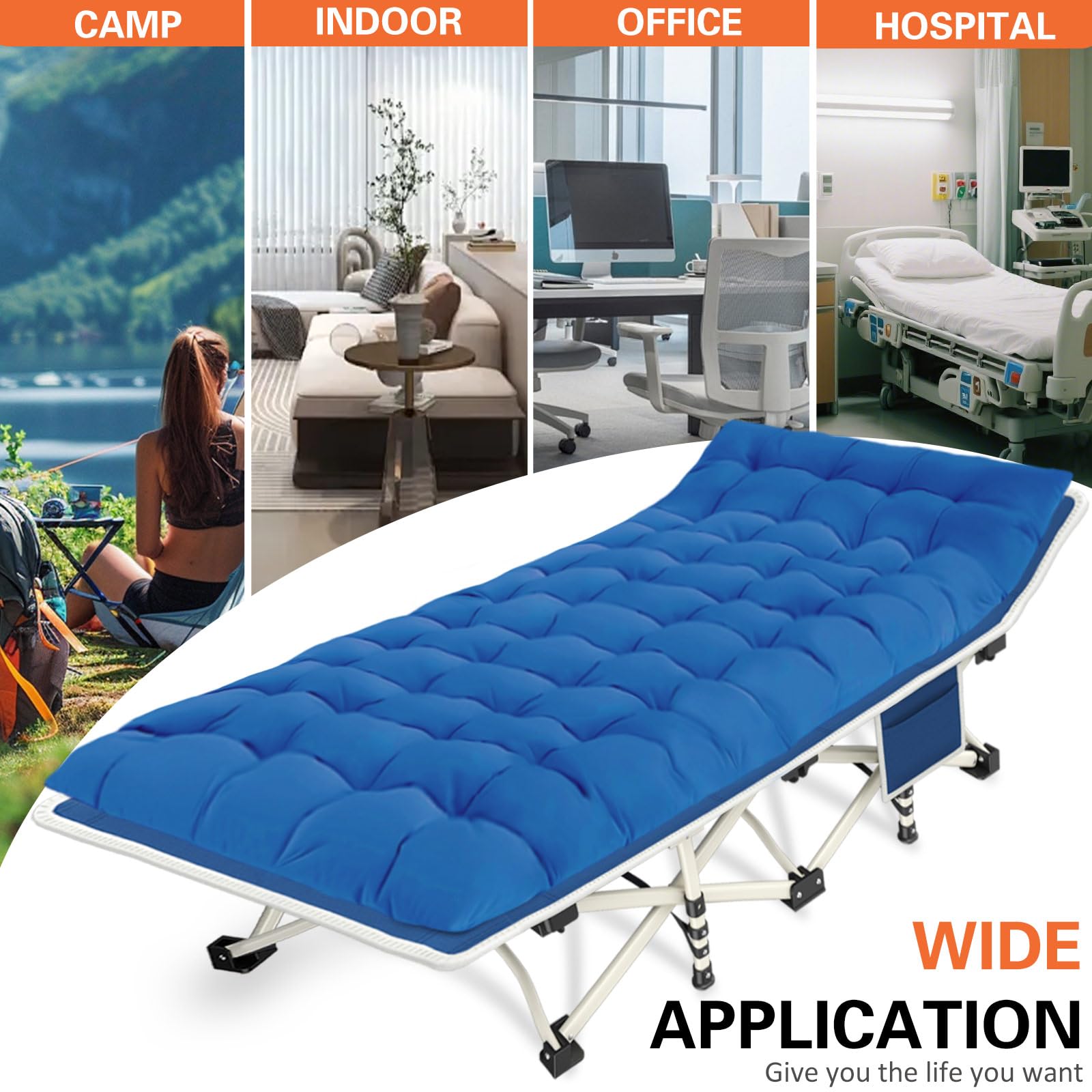 Colmerd camping cot usable both indoors and outdoors for versatility