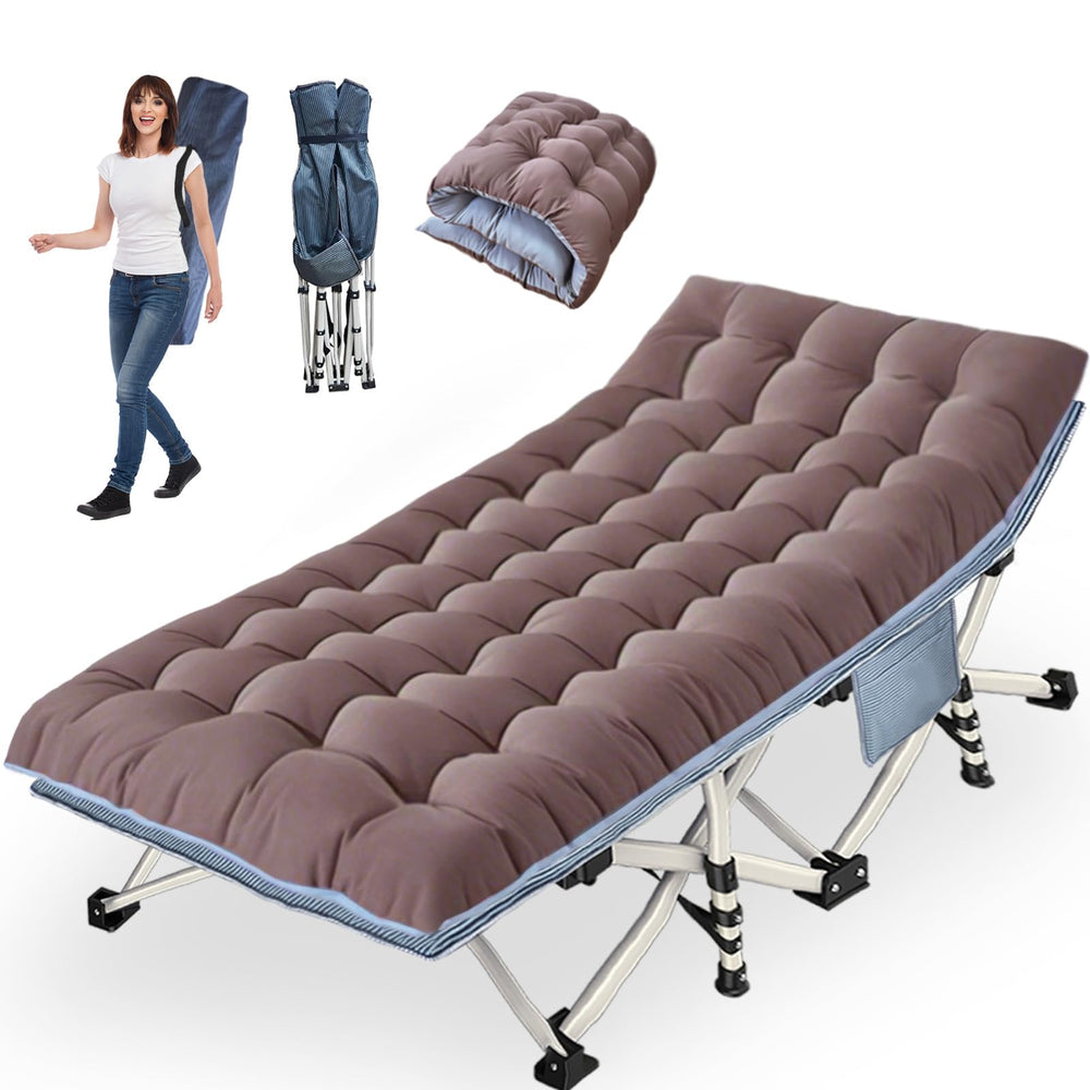 COLMERD XXL camping cot folded in carry bag for easy travel and storage