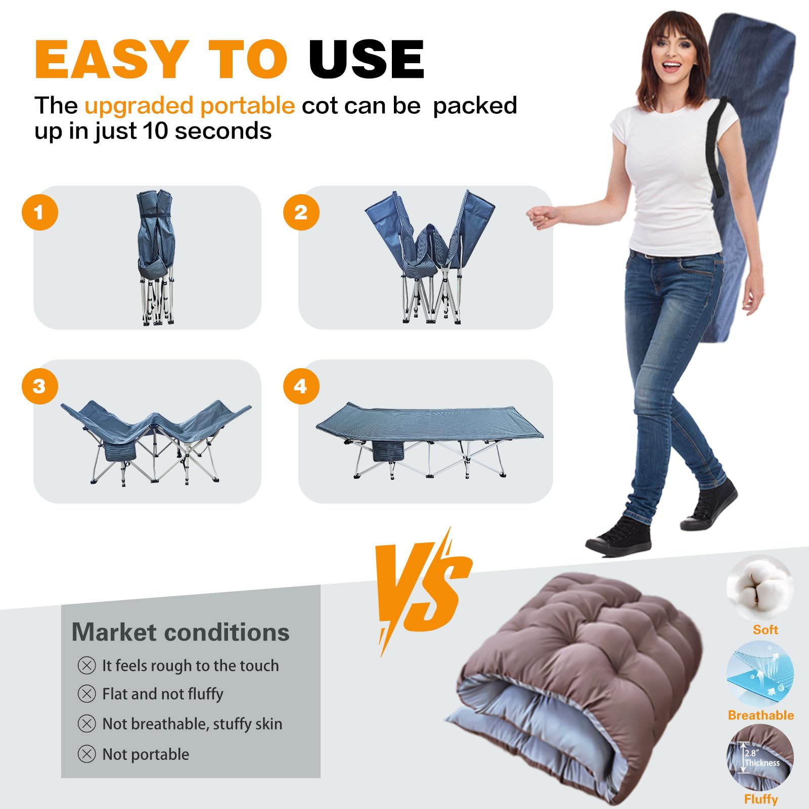 COLMERD XXL camping cot with removable mattress for temperature control