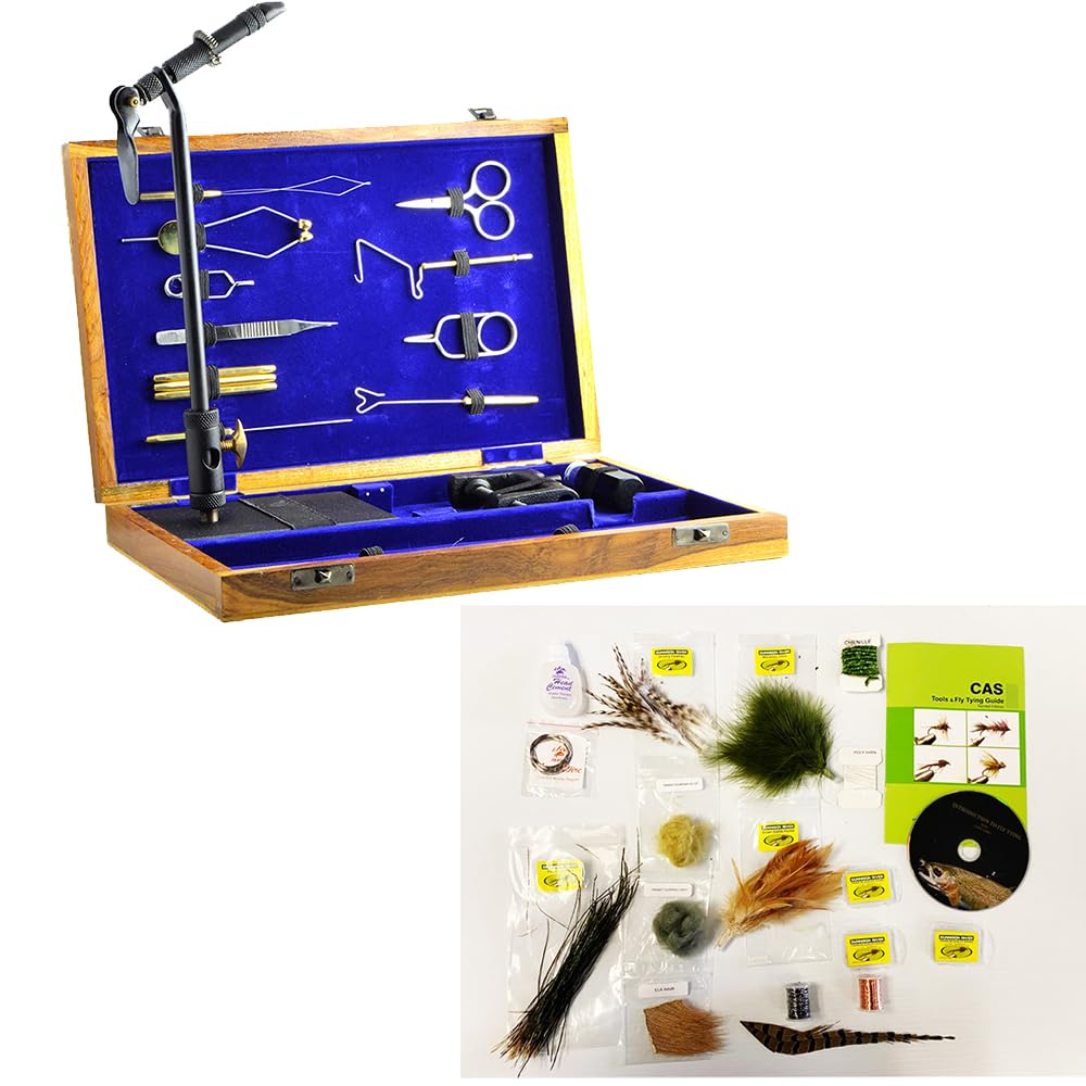 Deluxe fly-tying tool kit in a handcrafted wooden toolbox with vise and accessories