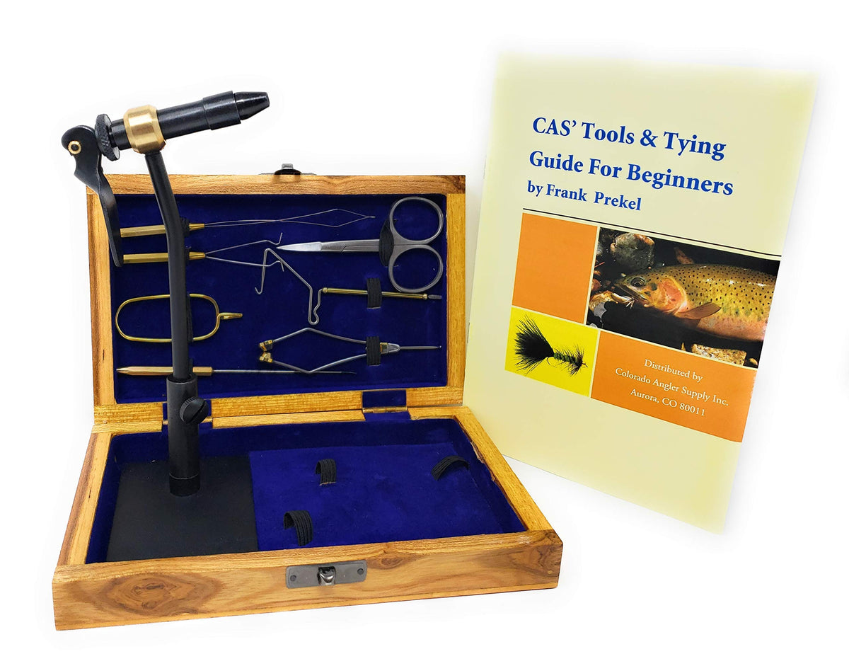 Colorado Anglers Fly Tying Kit with wooden box and book, featuring rotary vise and essential tools