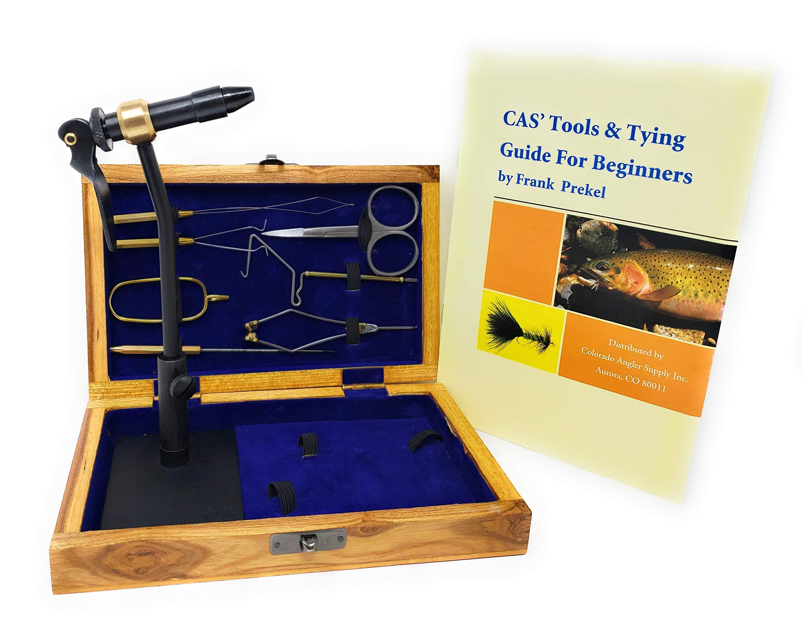 Colorado Anglers Fly Tying Tool Kit in a wooden box with rotary vise and tools