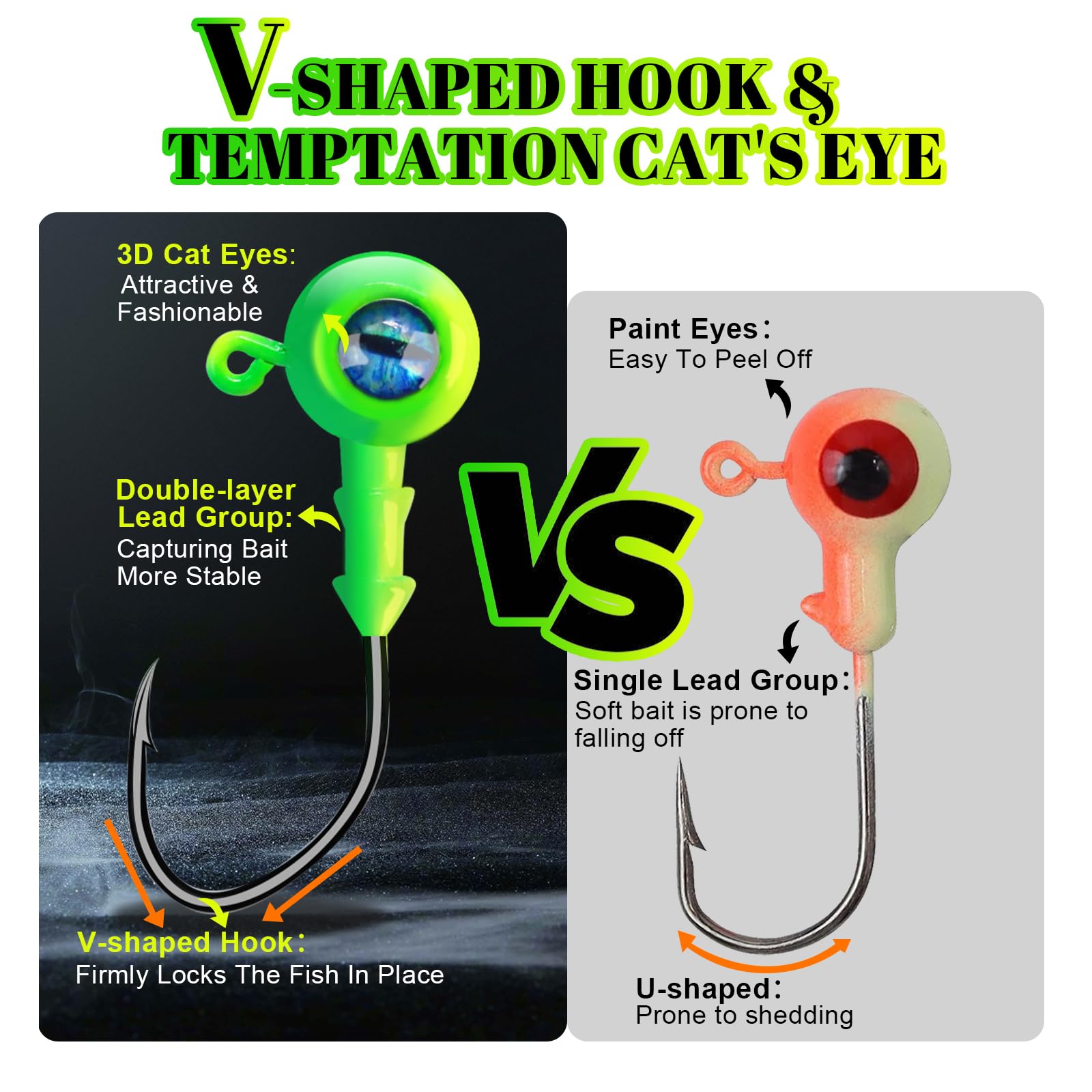 10g jig heads with 3D eyes and glow paint, 20pcs pack