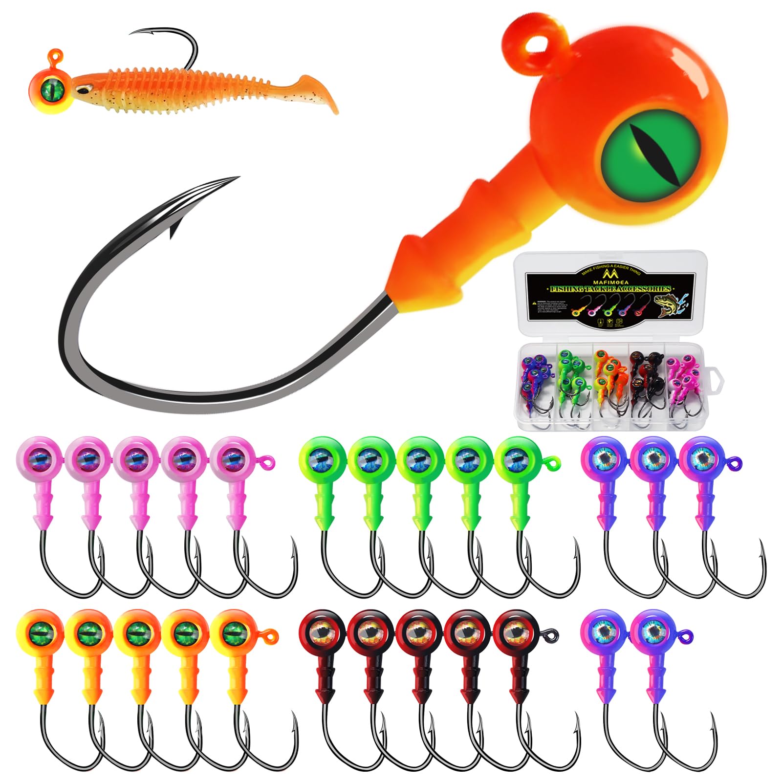 3.5g jig heads with 3D eyes and glow paint, 40pcs pack