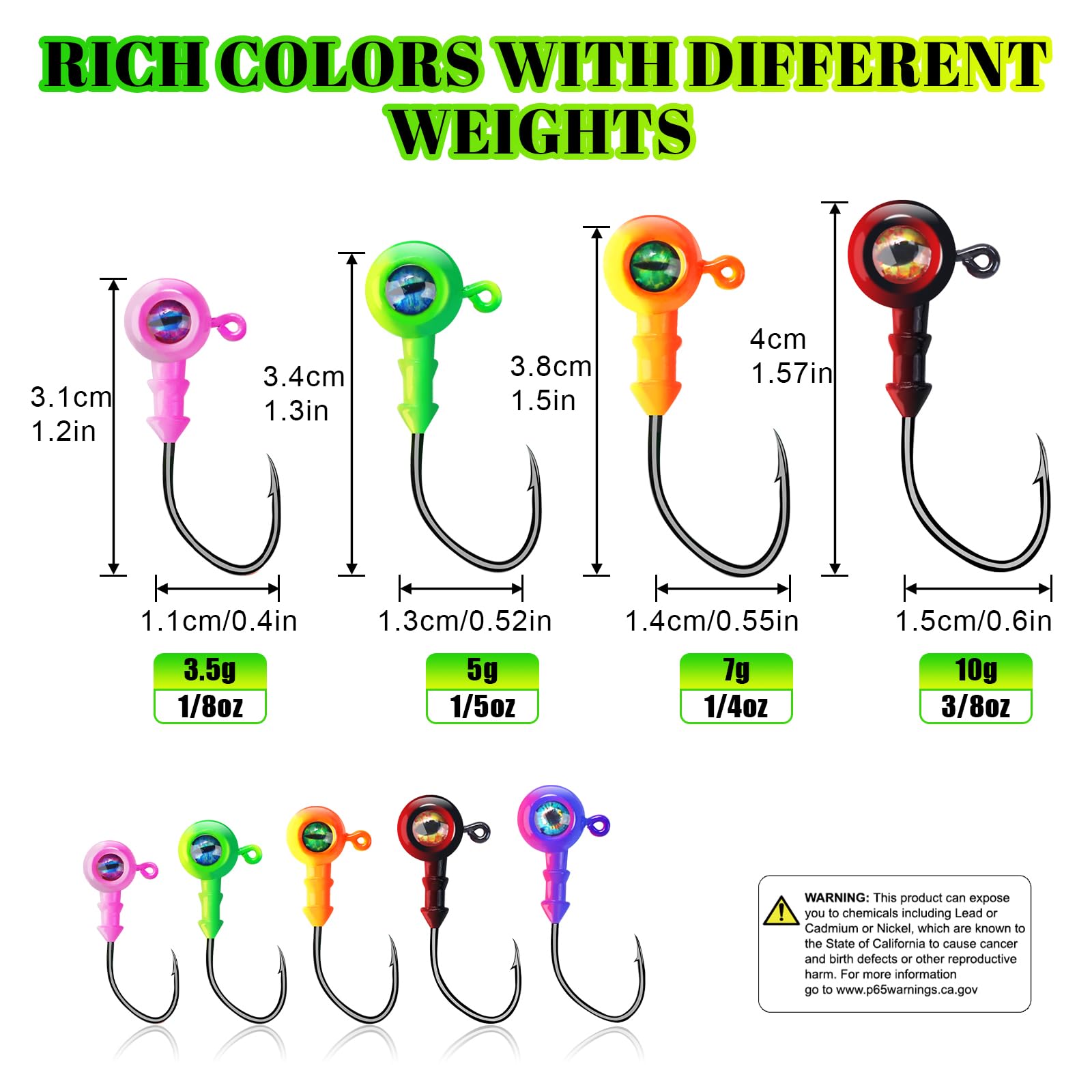 5g jig heads with 3D eyes and glow paint, 30pcs pack