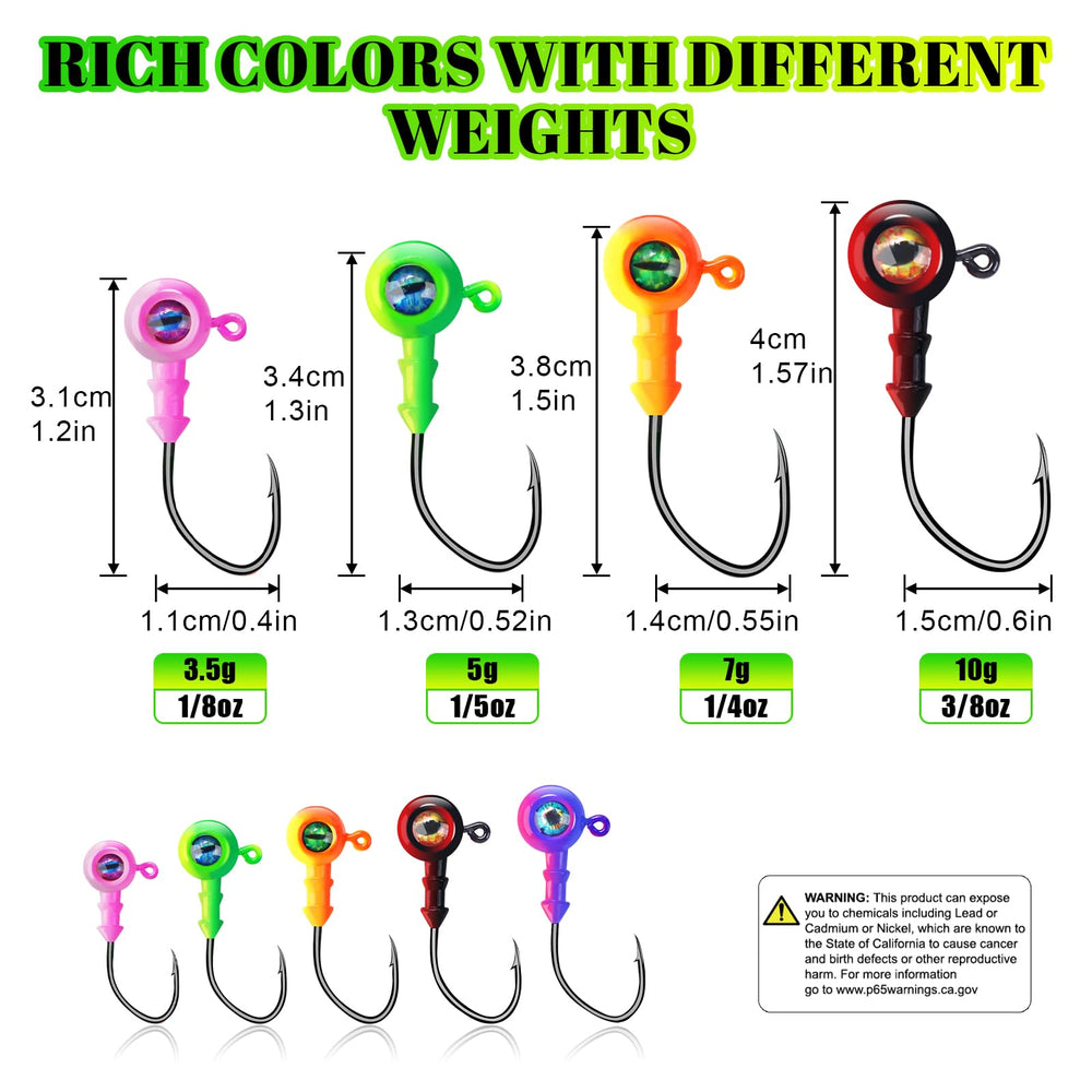 5g jig heads with 3D eyes and glow paint, 30pcs pack