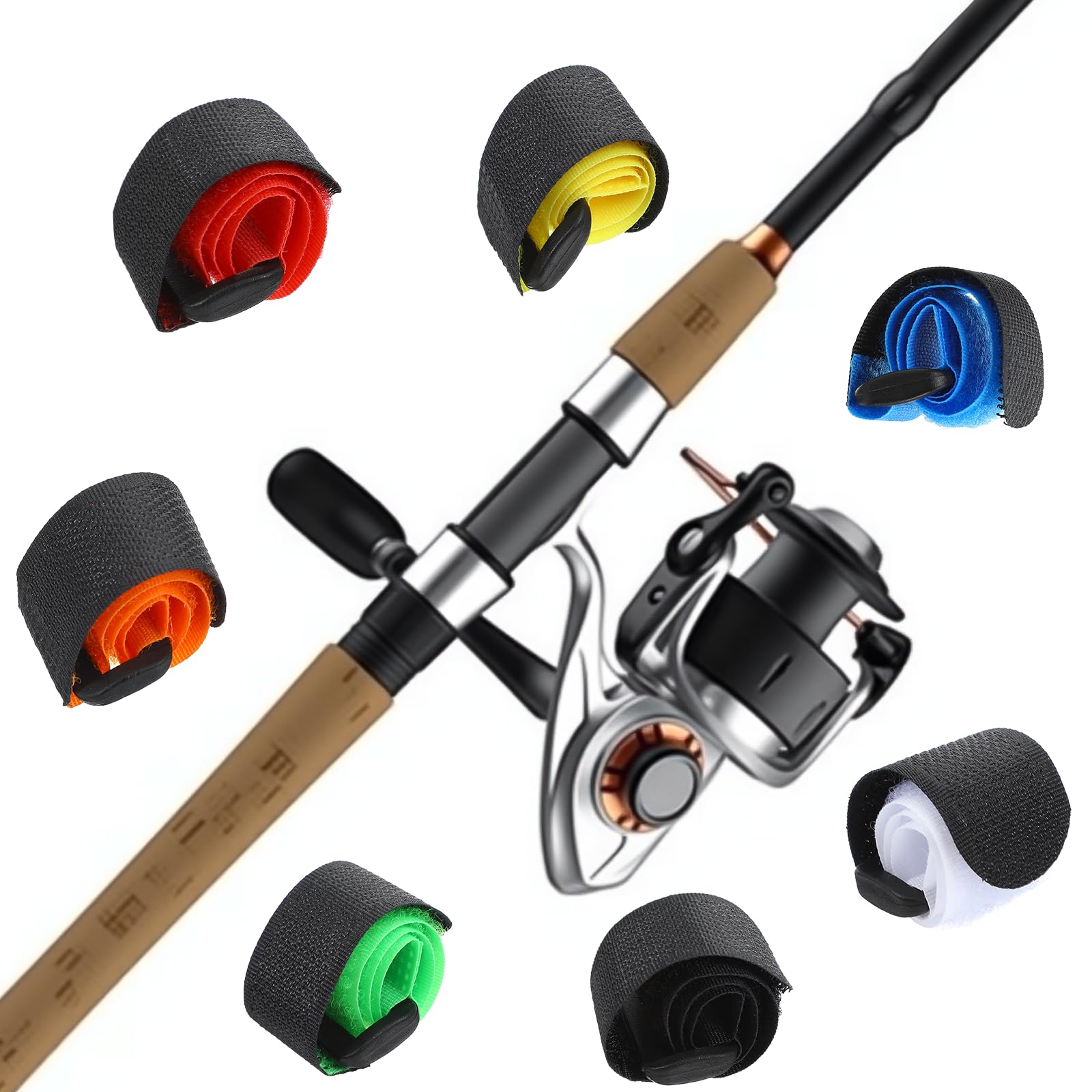 Colorful fishing rod straps in multiple colors