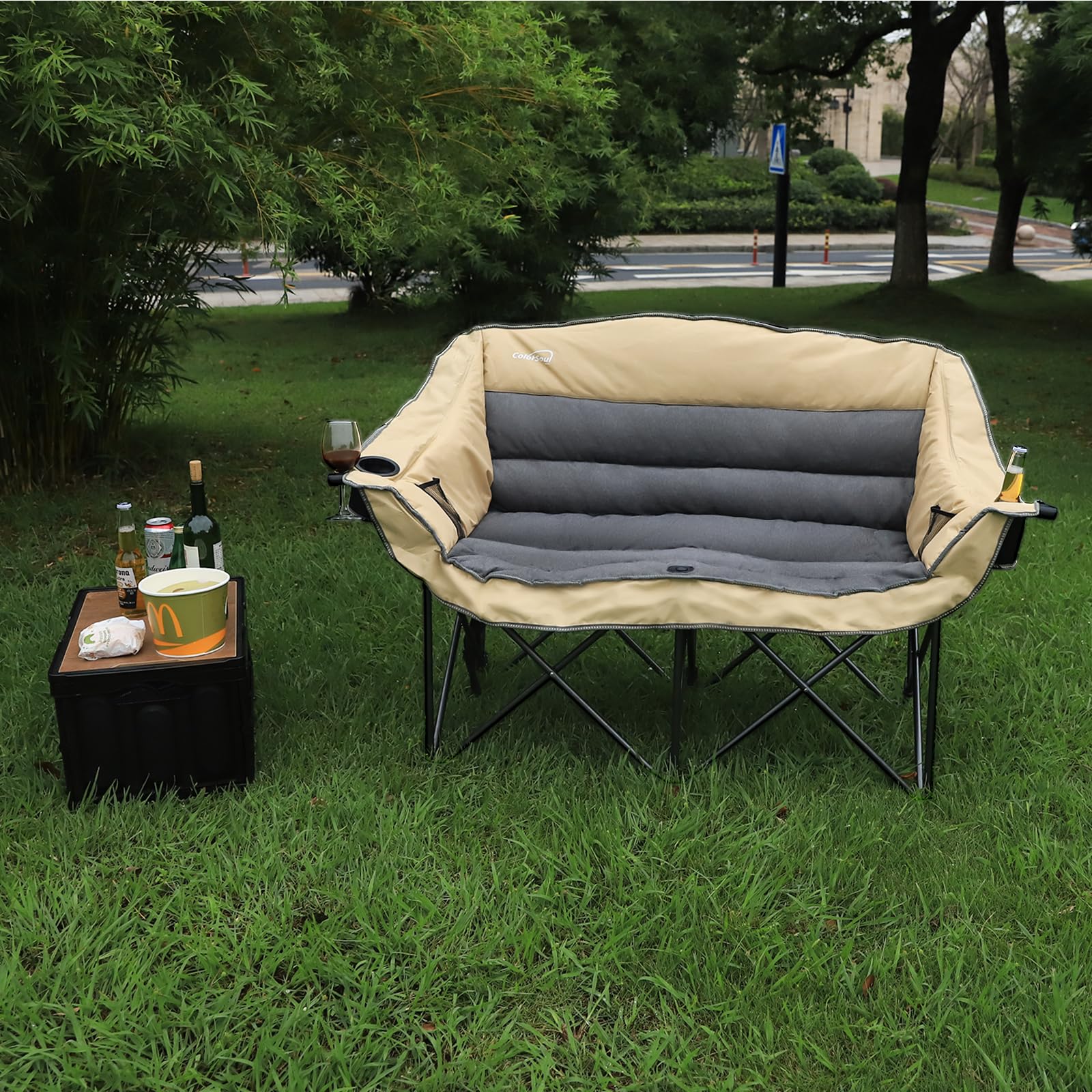 Colorsoul double camping chair seat detail highlighting padded cushion and wide chair.