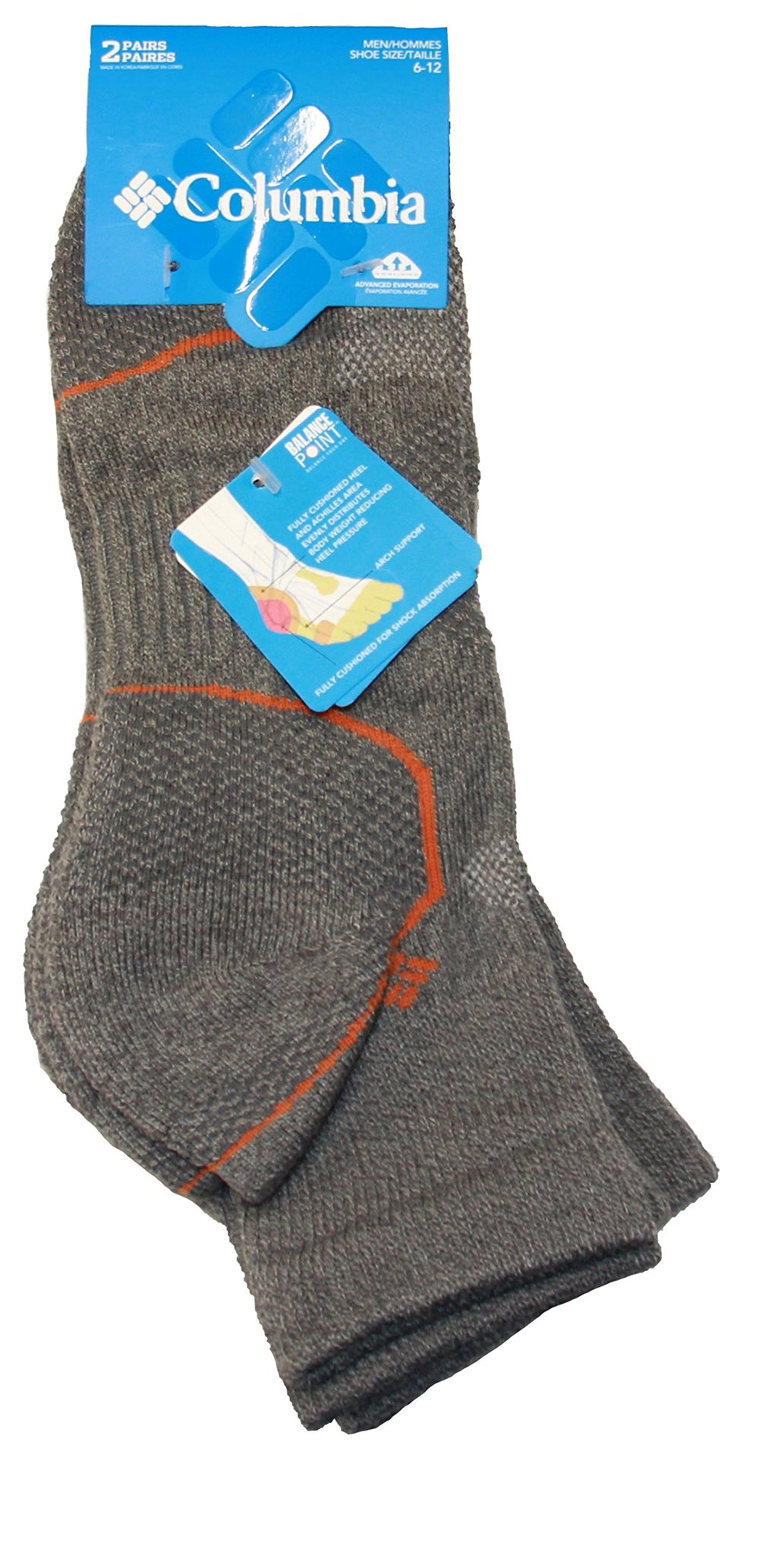 Columbia Balance Point Quarter Sock in charcoal, size M10-13, two-pair moisture-wicking set for hiking