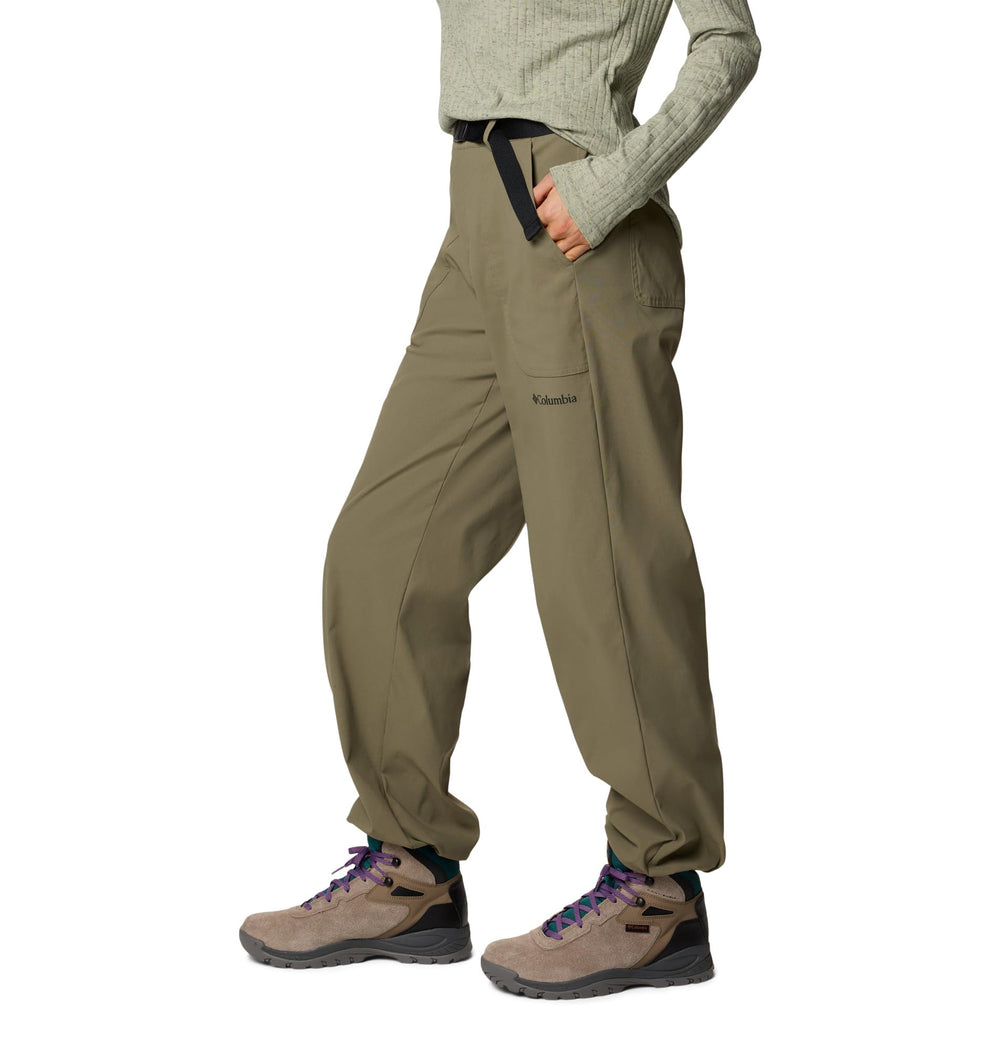 Columbia Brea Falls nylon pant fabric detail highlighting quick-dry, stain-resistant nylon