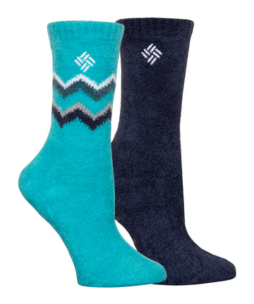 Columbia Double Zag Cozy Socks, Geyser/Navy, offer arch support and moisture-wicking comfort.