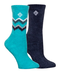 Columbia Double Zag Cozy Socks, Geyser/Navy, offer arch support and moisture-wicking comfort.