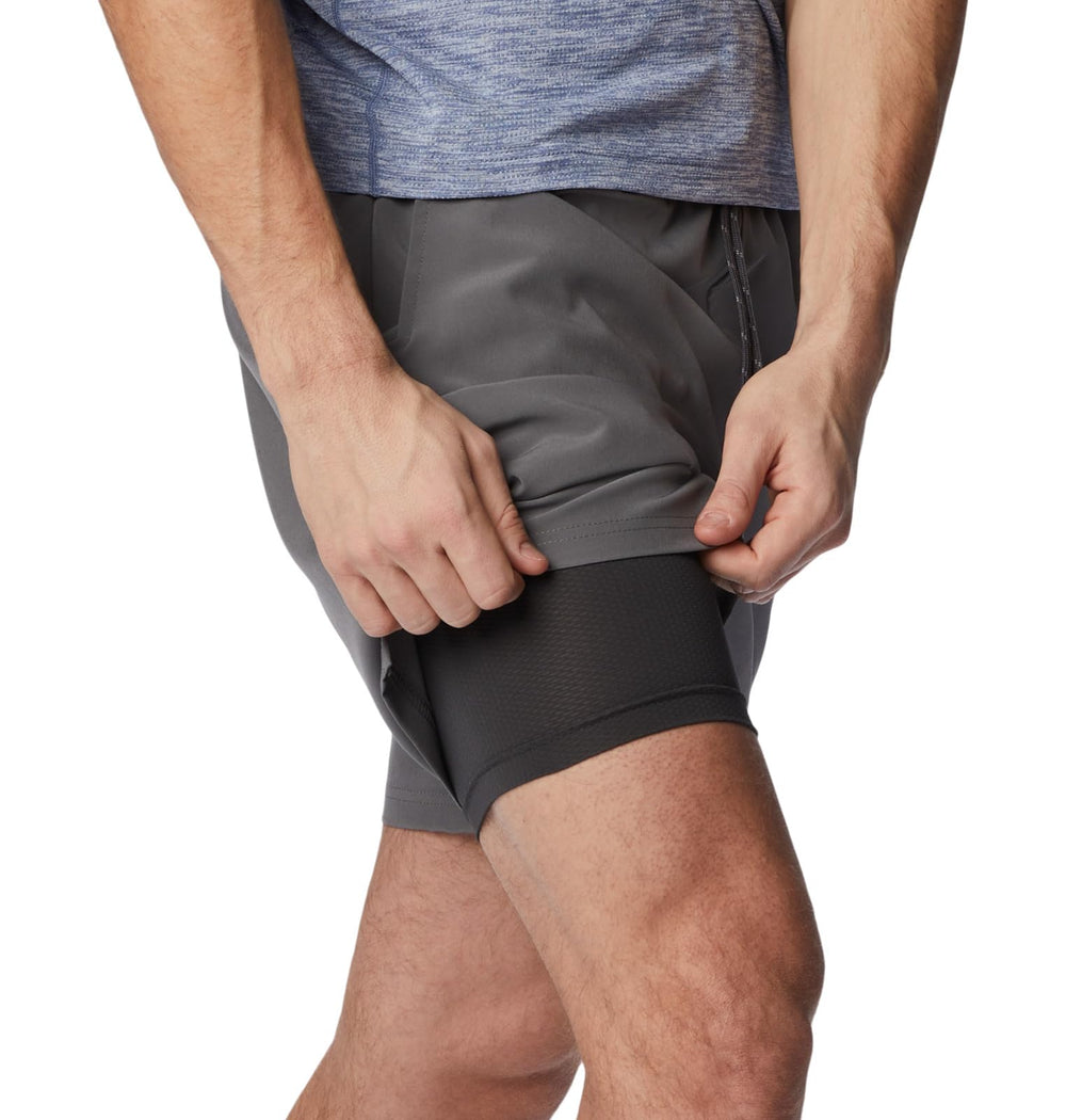 Columbia Hike Brief Short City Grey in-use on trail illustrates versatile performance