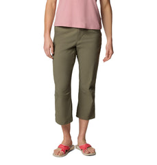 Columbia Leslie Falls Capri II front view in stone green, showing knee-length option and fit.