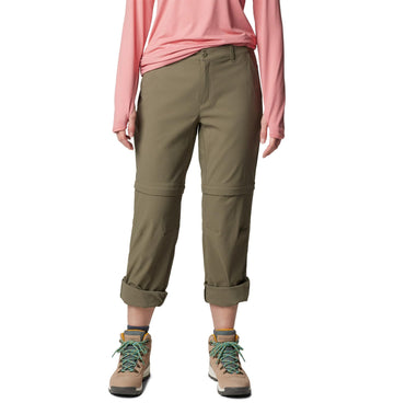 Columbia Leslie Falls convertible pants stone green; front view, versatile hiking style.