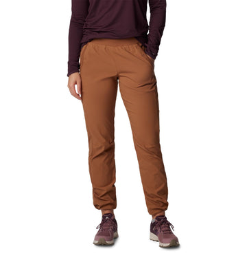 Columbia Leslie Falls Pant front view in camel brown for versatile town-to-trail wear