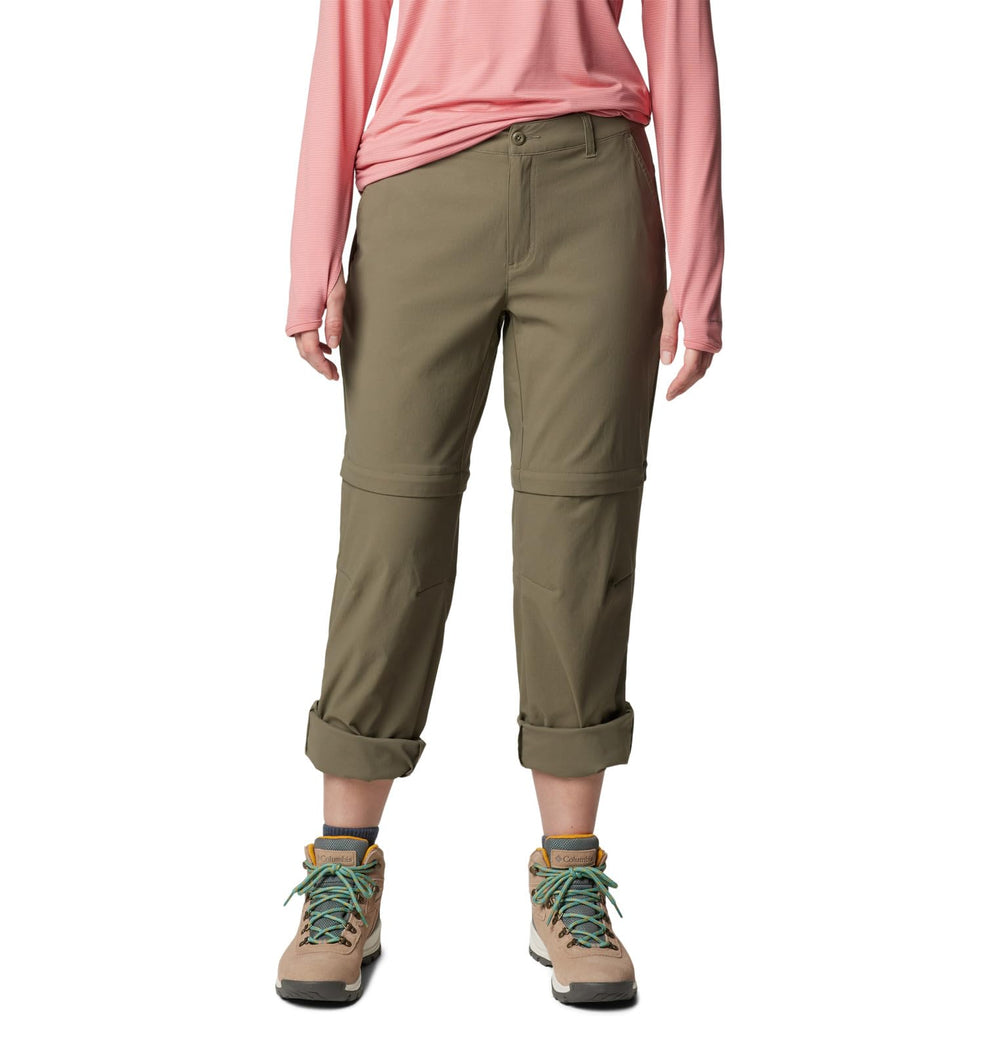 Columbia Leslie Falls pants front view in stone green offering hiking-ready comfort
